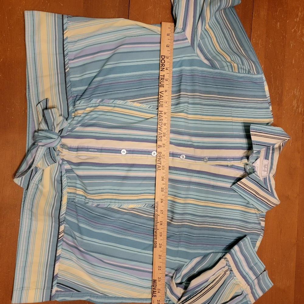 CJ Banks Turquoise, Yellow Stripe Button Down Tie Hem Blouse Plus Size 2X - Picture 9 of 12